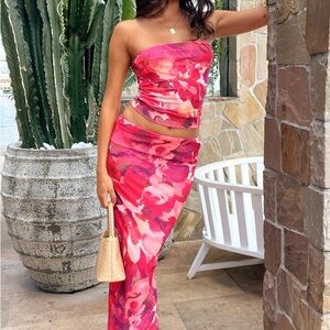 Beginning Boutique When in Rome Pink Print Mesh Maxi Skirt and Top Set